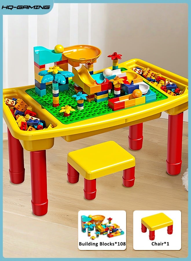HQ-GAMING Building Blocks Table, 108Pcs Multi-Functional Kids Activity Table & Chair Set, Sand/Water Station & Study Desk, Toddler Learning Playset Table For Boys Girls Gifts - Image 1