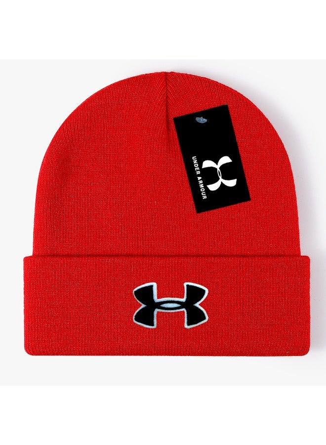 Under Armour Bright Red Ribbed Knit Beanie (Black & White Logo)