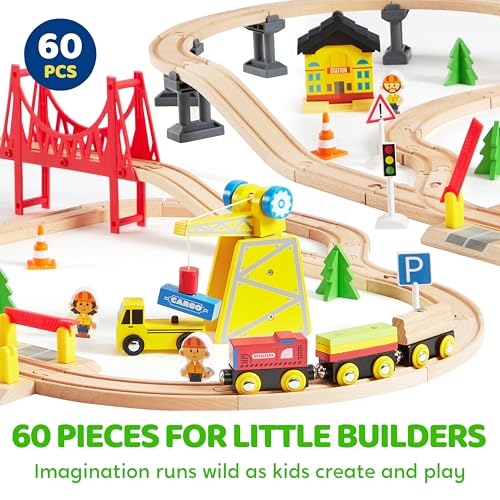 SYNCFUN 60PCS Wooden Train Set - Toy Magnetic Trains with Wooden Track Set for Kids Ages 3-8, Construction Crane Railway Set, Perfect Christmas Birthday Gift for Grandkids Toddlers Boys Girls - Image 2