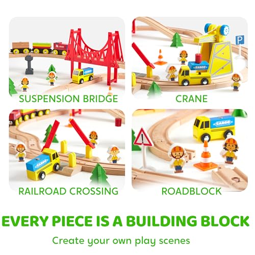 SYNCFUN 60PCS Wooden Train Set - Toy Magnetic Trains with Wooden Track Set for Kids Ages 3-8, Construction Crane Railway Set, Perfect Christmas Birthday Gift for Grandkids Toddlers Boys Girls - Image 5
