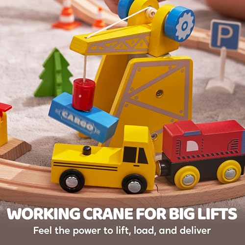 SYNCFUN 60PCS Wooden Train Set - Toy Magnetic Trains with Wooden Track Set for Kids Ages 3-8, Construction Crane Railway Set, Perfect Christmas Birthday Gift for Grandkids Toddlers Boys Girls - Image 4
