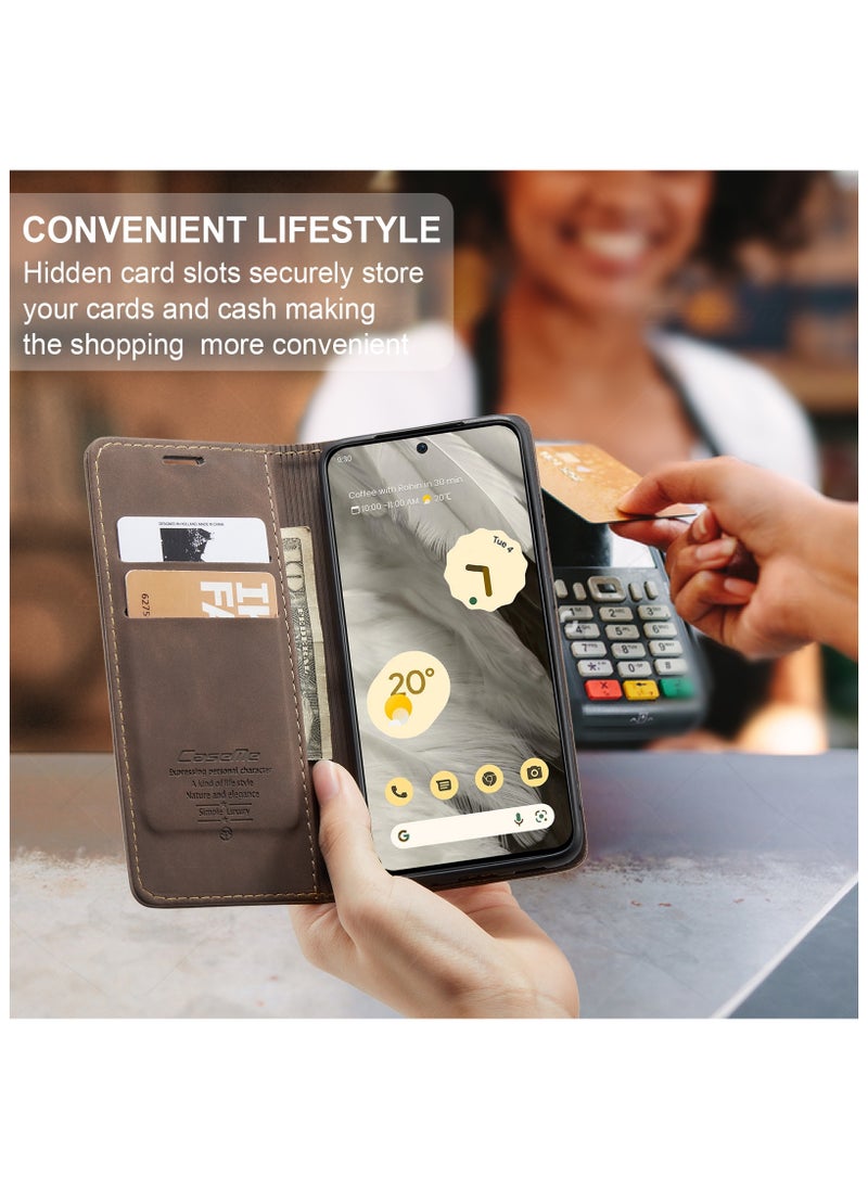 CaseMe - CaseMe Google Pixel 7 Case Wallet, for Google Pixel 7 Wallet Case Book Folding Flip Folio Case with Magnetic Kickstand Card Slots Protective Cover - Coffee - Image 1