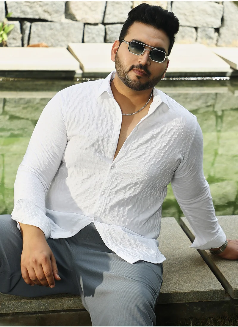 انستافاب بلس Instafab Plus Men's Daisy White Tactile-Gridora Shirt For Casual Wear | Spread Collar | Long Cuffed Sleeves | Button Closure | Plus Size Shirt Crafted With Comfort Fit For Everyday Wear