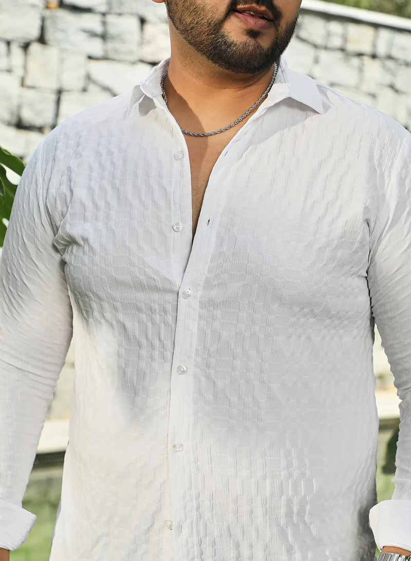 Instafab Plus Instafab Plus Men's Daisy White Tactile-Gridora Shirt For Casual Wear | Spread Collar | Long Cuffed Sleeves | Button Closure | Plus Size Shirt Crafted With Comfort Fit For Everyday Wear