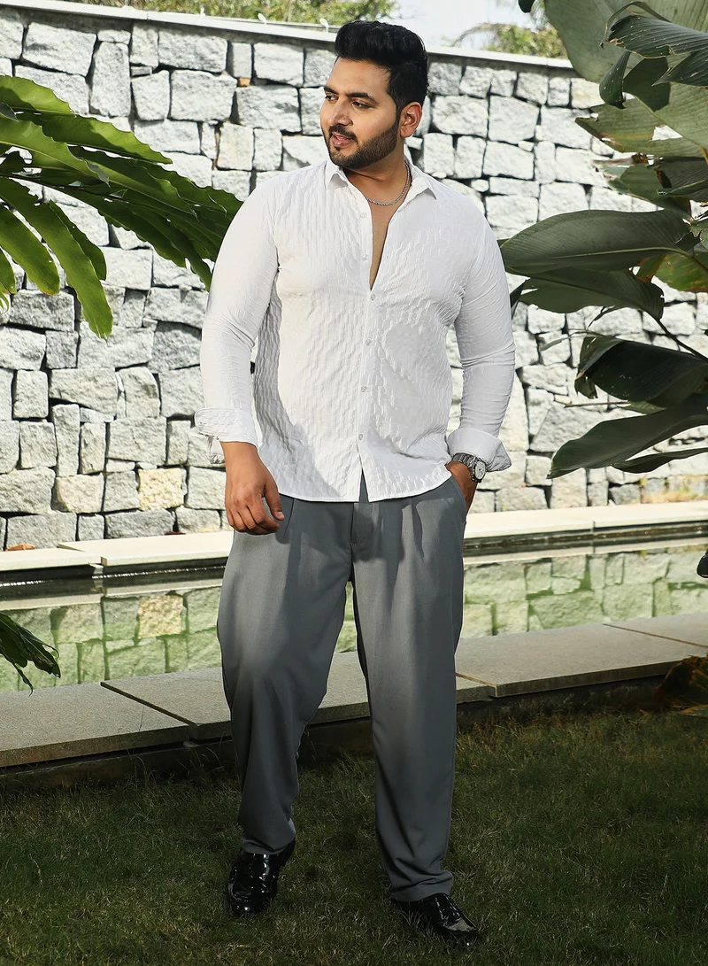 Instafab Plus Instafab Plus Men's Daisy White Tactile-Gridora Shirt For Casual Wear | Spread Collar | Long Cuffed Sleeves | Button Closure | Plus Size Shirt Crafted With Comfort Fit For Everyday Wear