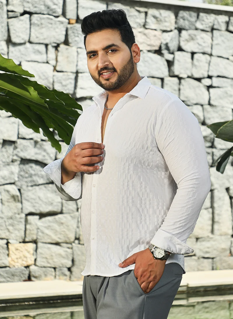 Instafab Plus Instafab Plus Men's Daisy White Tactile-Gridora Shirt For Casual Wear | Spread Collar | Long Cuffed Sleeves | Button Closure | Plus Size Shirt Crafted With Comfort Fit For Everyday Wear