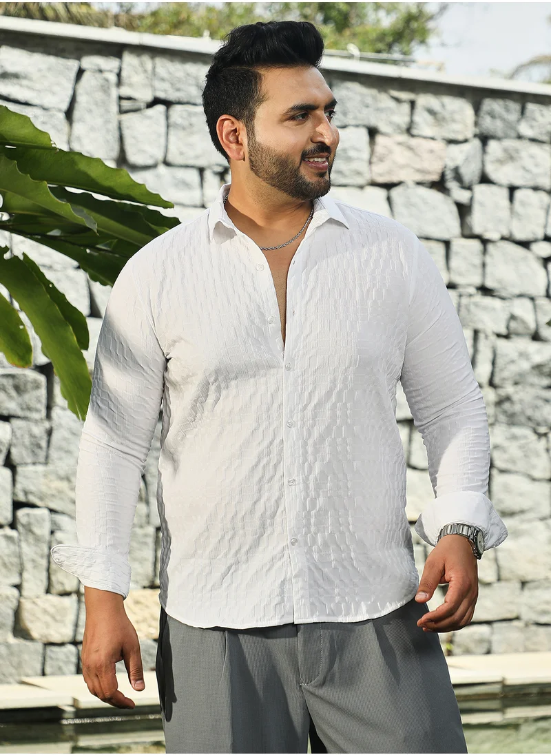 انستافاب بلس Instafab Plus Men's Daisy White Tactile-Gridora Shirt For Casual Wear | Spread Collar | Long Cuffed Sleeves | Button Closure | Plus Size Shirt Crafted With Comfort Fit For Everyday Wear