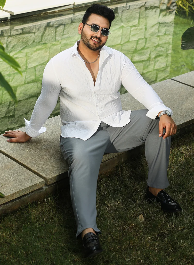 Instafab Plus Instafab Plus Men's Daisy White Tactile-Gridora Shirt For Casual Wear | Spread Collar | Long Cuffed Sleeves | Button Closure | Plus Size Shirt Crafted With Comfort Fit For Everyday Wear