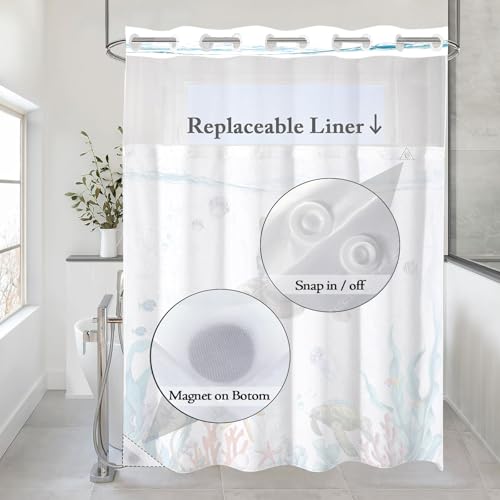 Fowocu No Hook Shower Curtain with Snap in Liner Funny Cat Nautical Shower Curtains for Bathroom Teal Blue Sea Ocean Octopus Starfish Turtle Anchor Fish Waterproof Fabric Bath Curtain Decor 71×74In - Image 5