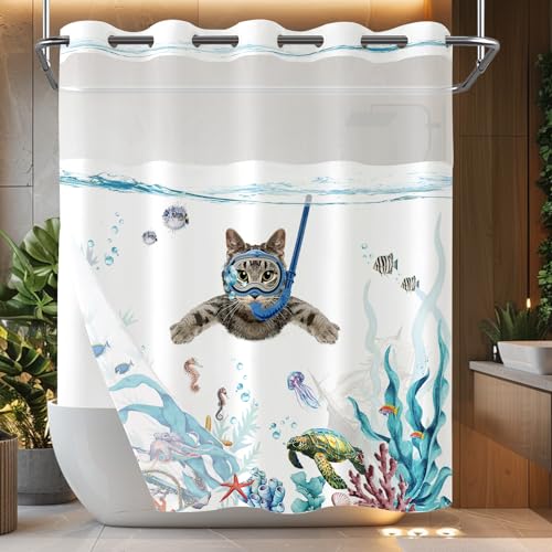 Fowocu No Hook Shower Curtain with Snap in Liner Funny Cat Nautical Shower Curtains for Bathroom Teal Blue Sea Ocean Octopus Starfish Turtle Anchor Fish Waterproof Fabric Bath Curtain Decor 71×74In - Image 1
