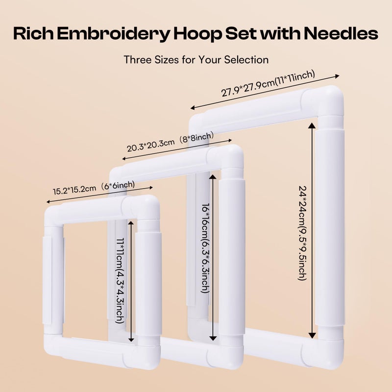 Caydo 3 PCS Square Embroidery Hoops, Plastic Cross Stitch Snap Frames with Sewing Needles for Quilting, Needlepoint & Silk-Painting 6 x 6, 8 x 8, 11 x 11 in(White) - Image 2
