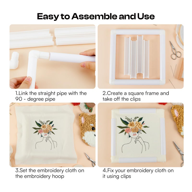 Caydo 3 PCS Square Embroidery Hoops, Plastic Cross Stitch Snap Frames with Sewing Needles for Quilting, Needlepoint & Silk-Painting 6 x 6, 8 x 8, 11 x 11 in(White) - Image 5