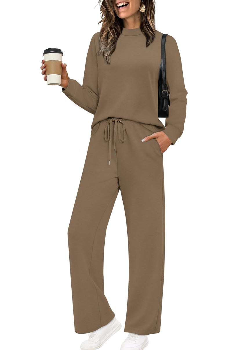 Sampeel Two Piece Set for Women Fall Fashion 2026 Chocolate Brown Fall Old Money Clothes Airport Cruise Travel Outfits Sweat Lounge Matching Sets Wide Leg Pants Set Mock Neck Winter Trendy Teacher M - Image 1