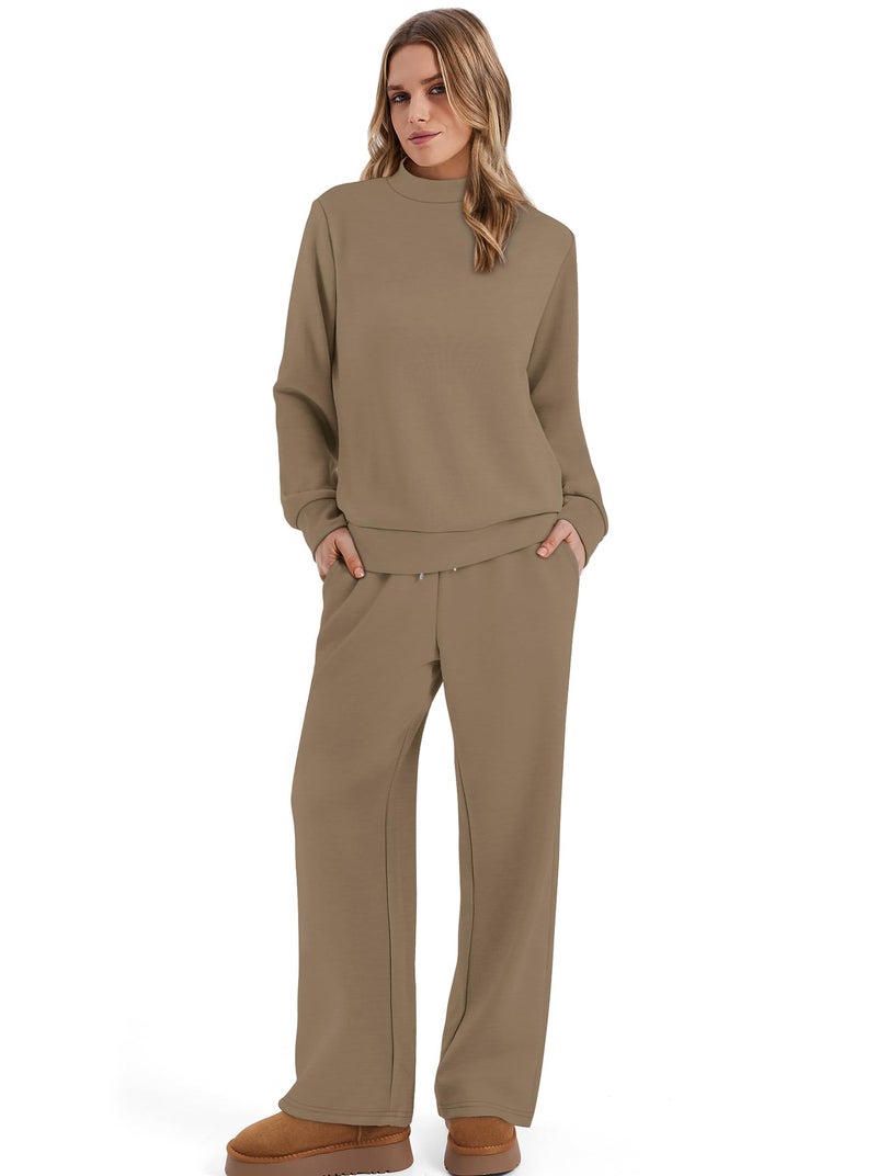 Sampeel Two Piece Set for Women Fall Fashion 2026 Chocolate Brown Fall Old Money Clothes Airport Cruise Travel Outfits Sweat Lounge Matching Sets Wide Leg Pants Set Mock Neck Winter Trendy Teacher M - Image 4