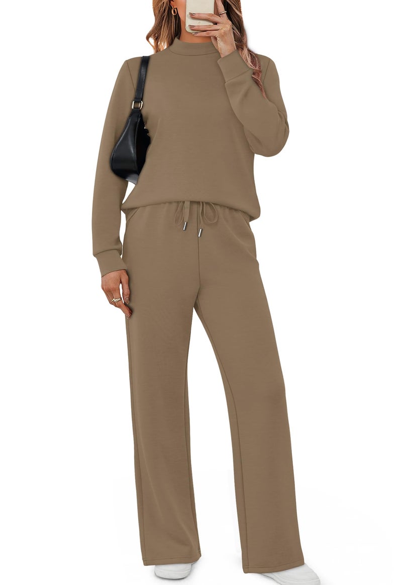 Sampeel Two Piece Set for Women Fall Fashion 2026 Chocolate Brown Fall Old Money Clothes Airport Cruise Travel Outfits Sweat Lounge Matching Sets Wide Leg Pants Set Mock Neck Winter Trendy Teacher M - Image 2