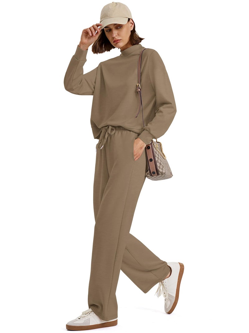 Sampeel Two Piece Set for Women Fall Fashion 2026 Chocolate Brown Fall Old Money Clothes Airport Cruise Travel Outfits Sweat Lounge Matching Sets Wide Leg Pants Set Mock Neck Winter Trendy Teacher M - Image 3