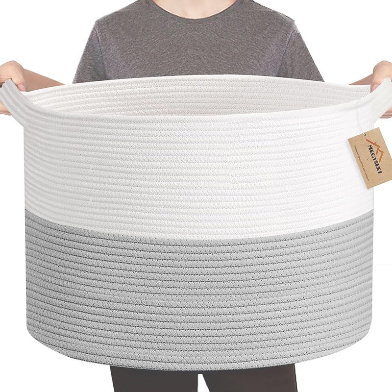 MEGASKET XXXL Large Cotton Rope Storage Bin 22 X 14 Basket for Blankets Living Room Woven Baby Kids Toy Storage Bin Box Giant Throw Pillow Organizer Holder Large Wicker Basket for Shoes Gray