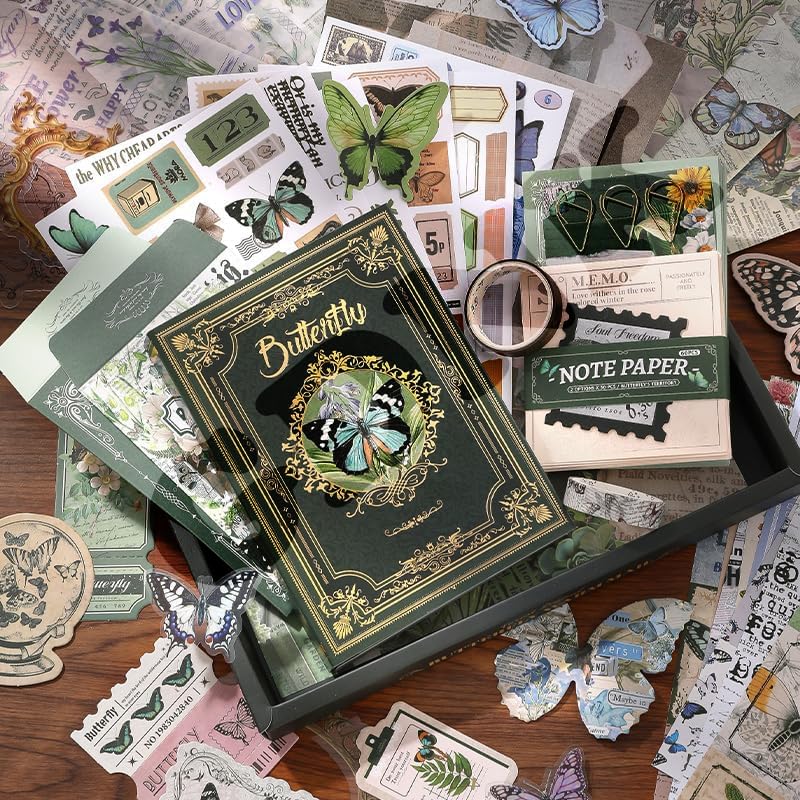 GDNK 346pcs Vintage Journal Scrapbook Pack Kit for Art Journaling Bullet, Planners DIY Paper Stickers, Craft Kits Notebook, Collage Album Aesthetic Sticker (Moonlight) (Green Butterfly) - Image 3