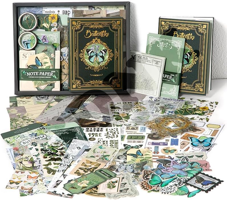 GDNK 346pcs Vintage Journal Scrapbook Pack Kit for Art Journaling Bullet, Planners DIY Paper Stickers, Craft Kits Notebook, Collage Album Aesthetic Sticker (Moonlight) (Green Butterfly) - Image 1