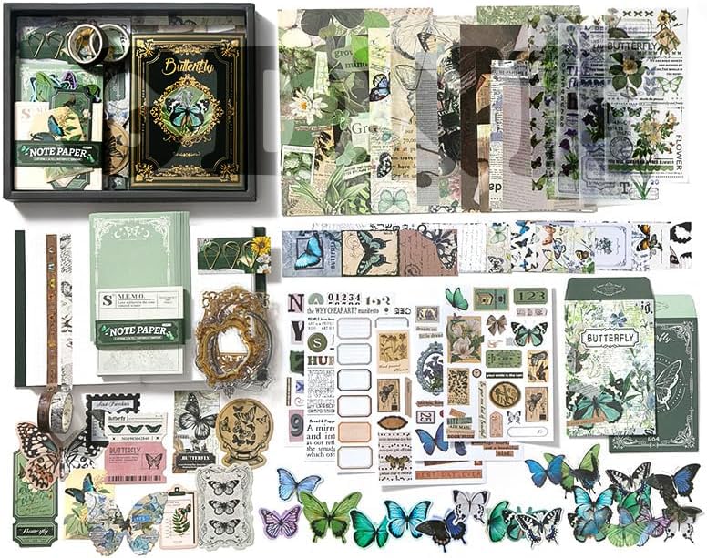 GDNK 346pcs Vintage Journal Scrapbook Pack Kit for Art Journaling Bullet, Planners DIY Paper Stickers, Craft Kits Notebook, Collage Album Aesthetic Sticker (Moonlight) (Green Butterfly) - Image 2