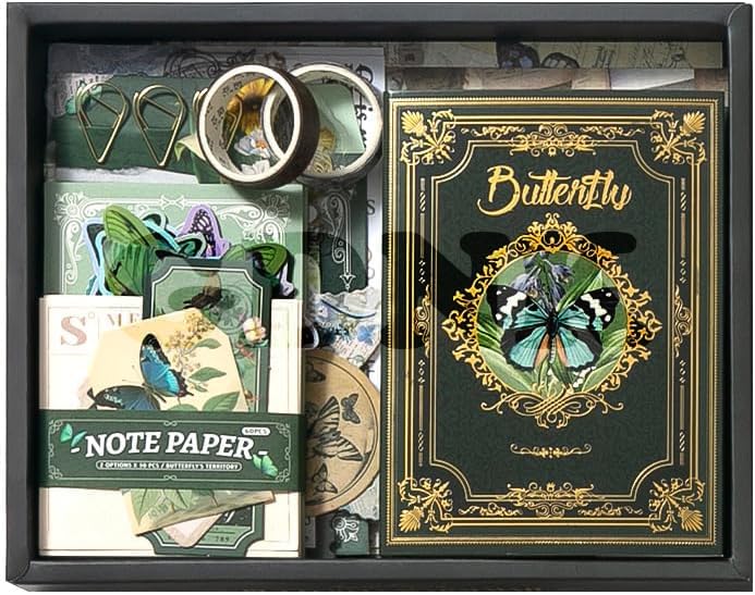 GDNK 346pcs Vintage Journal Scrapbook Pack Kit for Art Journaling Bullet, Planners DIY Paper Stickers, Craft Kits Notebook, Collage Album Aesthetic Sticker (Moonlight) (Green Butterfly) - Image 4