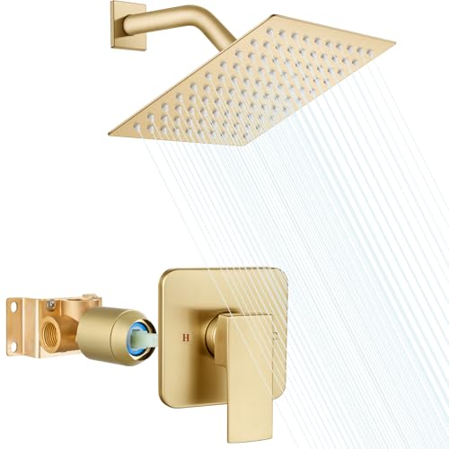 Heyalan Shower Faucet Set with Valve Bathroom Rainfall Shower System Wall Mount Single Handle Shower Trim Kit Rainfall Fixed Shower Head 8 Inch Square Shower HeadBrushed Gold - Image 1