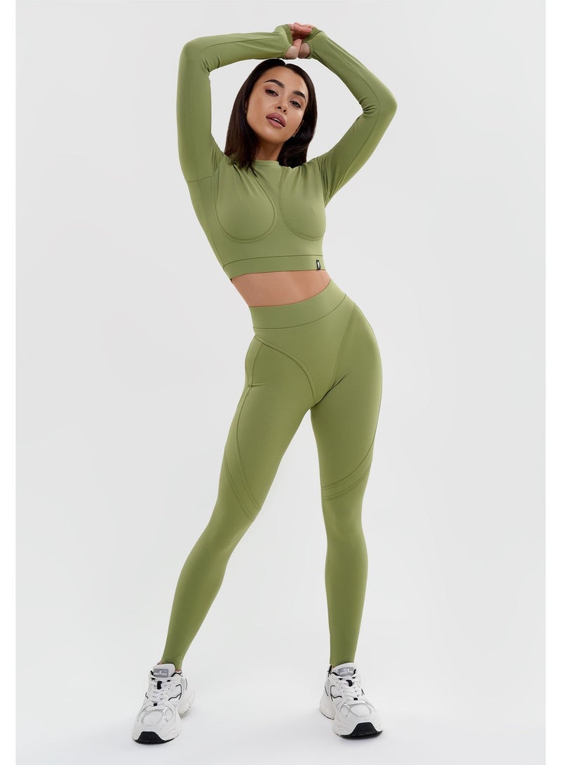 Bona Fide Premium Long Sleeve Compression Crop Top for Women - Seamless High-Performance Workout Shirt for Gym, Yoga & Running - Breathable Sculpting Athletic Wear - Olive Green - Image 3