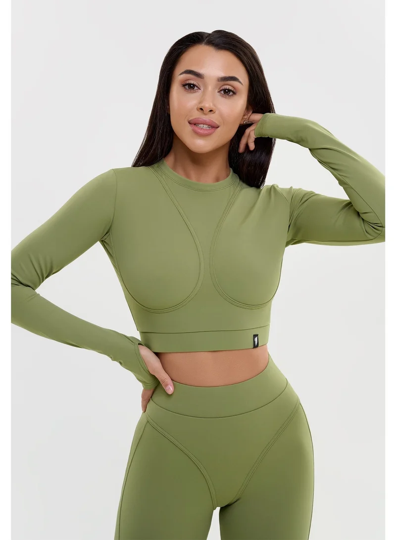 بونا فيدي بونا فايد توب رياضي نسائي ضاغط وبأكمام طويلة - قميص رياضي بدون خياطة عالي الأداء للجيم واليوغا والجري - ملابس رياضية مسامية لنحت القوام - أخضر زيتوني