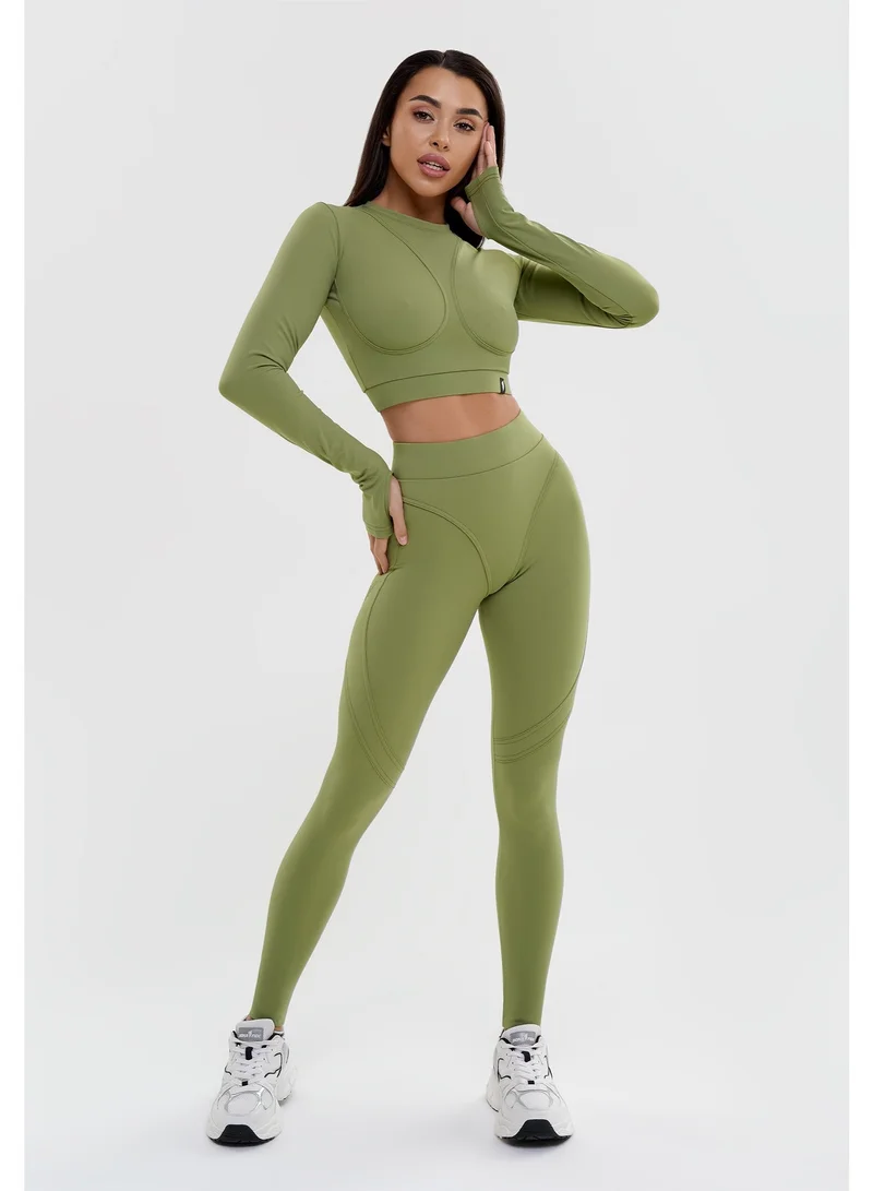 بونا فيدي بونا فايد توب رياضي نسائي ضاغط وبأكمام طويلة - قميص رياضي بدون خياطة عالي الأداء للجيم واليوغا والجري - ملابس رياضية مسامية لنحت القوام - أخضر زيتوني