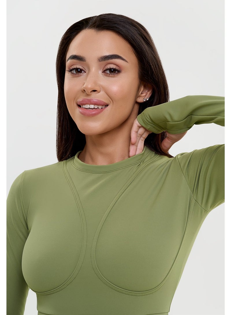 Bona Fide Premium Long Sleeve Compression Crop Top for Women - Seamless High-Performance Workout Shirt for Gym, Yoga & Running - Breathable Sculpting Athletic Wear - Olive Green - Image 5
