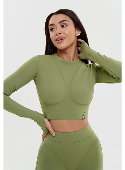 بونا فيدي بونا فايد توب رياضي نسائي ضاغط وبأكمام طويلة - قميص رياضي بدون خياطة عالي الأداء للجيم واليوغا والجري - ملابس رياضية مسامية لنحت القوام - أخضر زيتوني