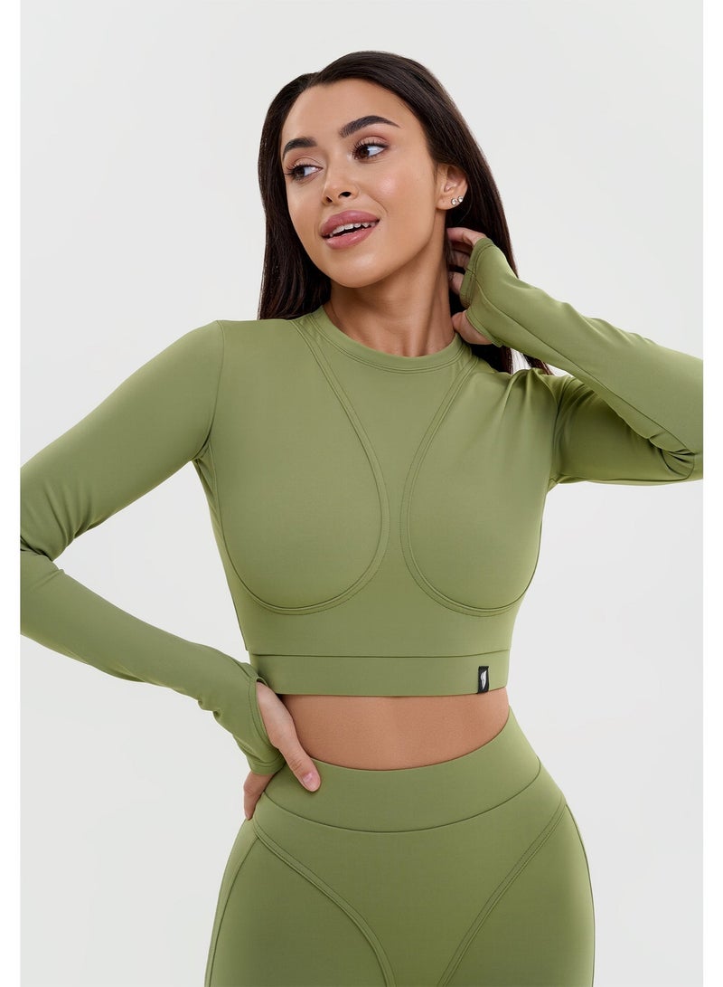 Bona Fide Premium Long Sleeve Compression Crop Top for Women - Seamless High-Performance Workout Shirt for Gym, Yoga & Running - Breathable Sculpting Athletic Wear - Olive Green - Image 1