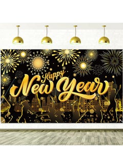 HOWAF Happy New Year Party Decoration Supplies Large Fabric Happy New Year Background Banner For 2024 New Year Party Supplies Shinning Black Gold Fireworks Happy New Year Backdrop Banner  - Image 2