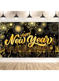 HOWAF Happy New Year Party Decoration Supplies Large Fabric Happy New Year Background Banner For 2024 New Year Party Supplies Shinning Black Gold Fireworks Happy New Year Backdrop Banner  - Image 1