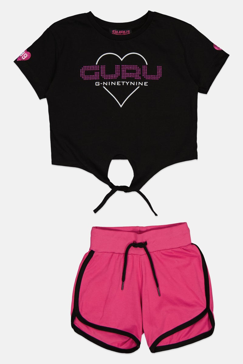 Guru 99 Toddlers Girl 2 Pieces Brand Logo Short Sleeves Top And Short Set, Multicolor - Image 1