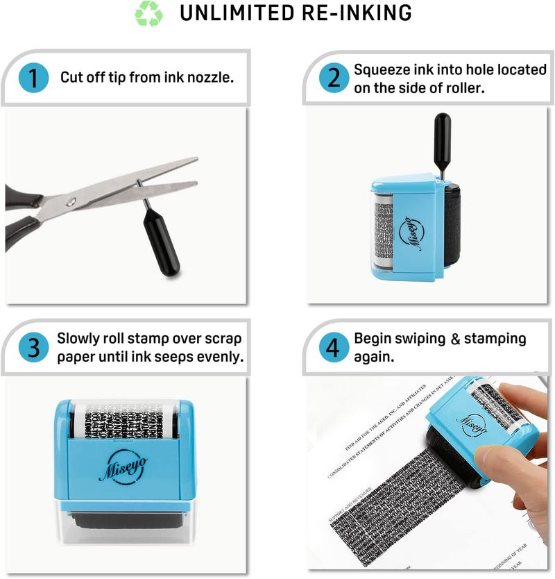 Miseyo Wide Identity Theft Protection Roller Stamp Set - Blue (3 Refill Ink Included) - Image 3