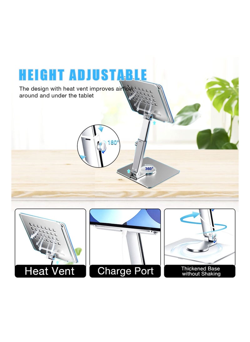 Y&D Tablet Stand for Desk, Height Adjustable Aluminum iPad Holder, Foldable 360° Swivel Desktop Holder Dock 4" - 13" (Silver)  - Image 4
