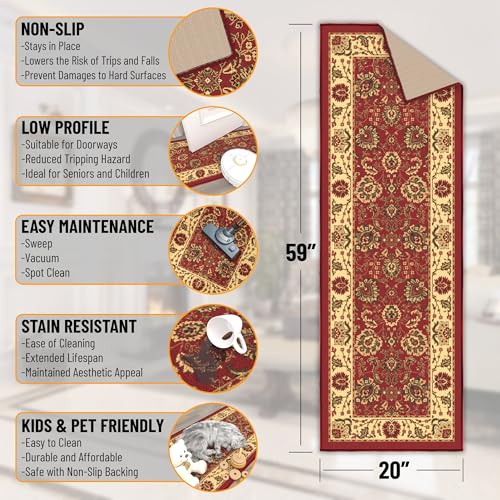 Ottomanson Hallway Runner Rug 20" x 59" Non Slip Oriental Area Rugs Easy to Clean Laundry Rug Runner Durable & Pet Friendly Floor Carpet Runners for Hallways Entryway Living Room Kitchen, Red - Image 2