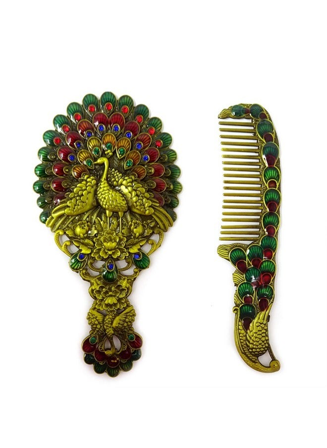 Yueton 5 Inch Russian Style Embossing Vintage Oval Make-Up Mirror Hand Held Table Mirror Dress Table Decoration Spreading Tail Peacock Antique Bronze  - Image 3