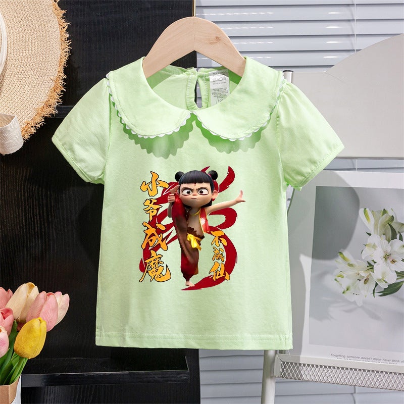 Girls Short-Sleeved T-Shirt 2025 Style Kidsren'S Doll Collar Casual Tops Baby Girl Fashionable Nezha Tops - Image 1