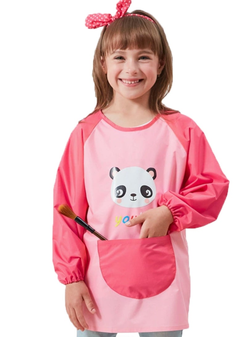 Kids Aprons for Painting, Kids Apron with Pockets for Boys and Girls, Waterproof Kids Paint Smock Long Sleeve Artist Apron for Painting, Cooking, Baking, Gardening (Pink Panda） - Image 1