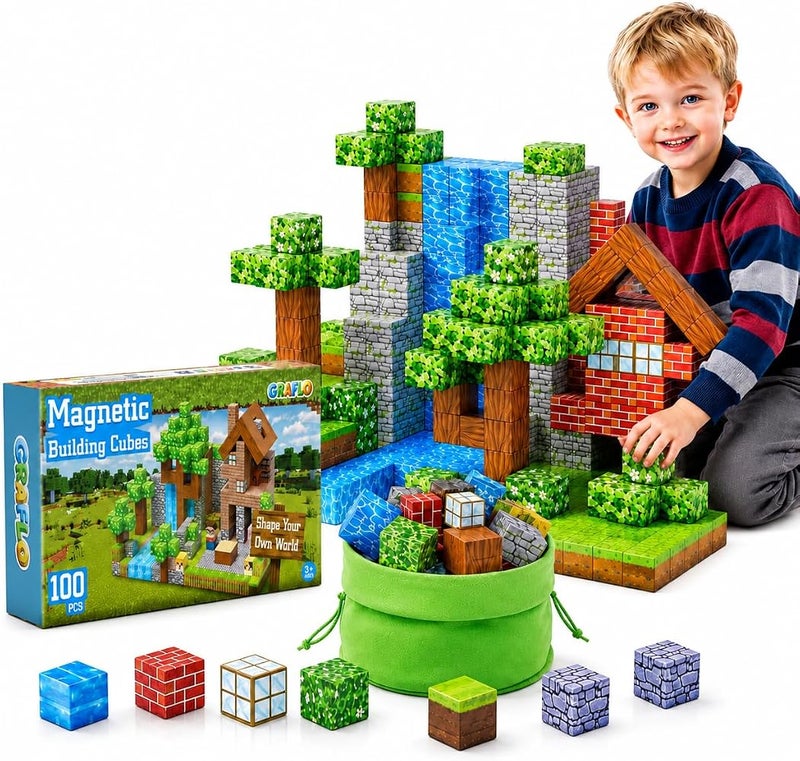 GRAFLO Magnetic Blocks - 100PCS Magnets Cubes, Magnetic Building Blocks STEM Montessori Sensory Toys for 3-8 Years Old Boys Girls Birthday for Kids - Image 1