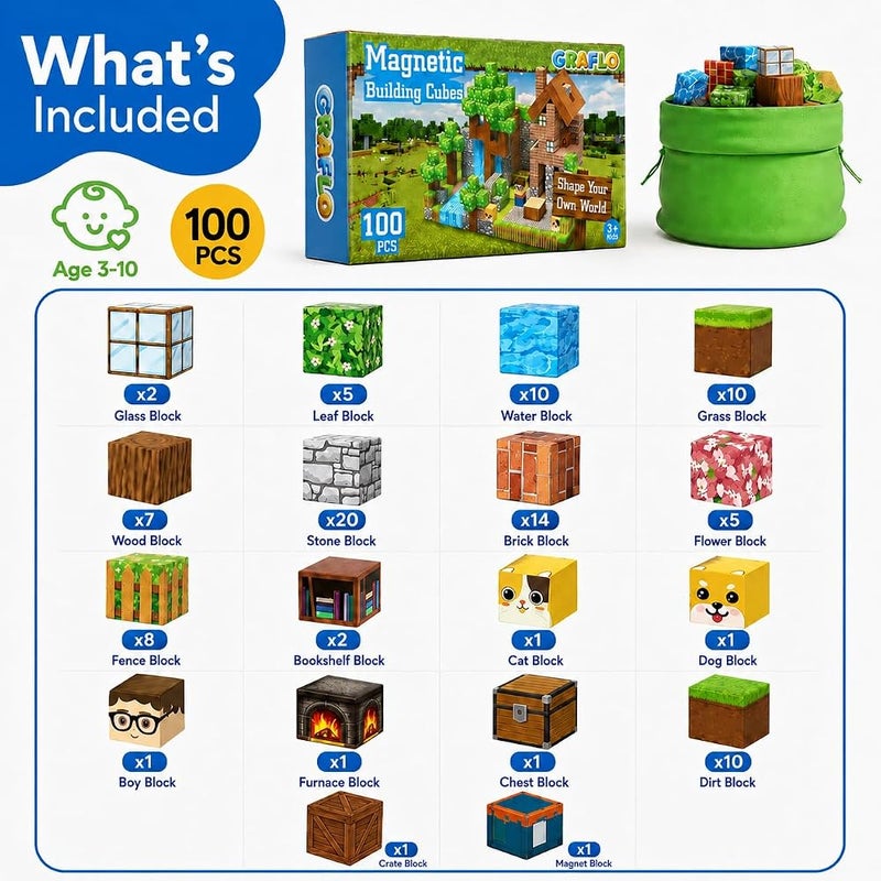 GRAFLO Magnetic Blocks - 100PCS Magnets Cubes, Magnetic Building Blocks STEM Montessori Sensory Toys for 3-8 Years Old Boys Girls Birthday for Kids - Image 3