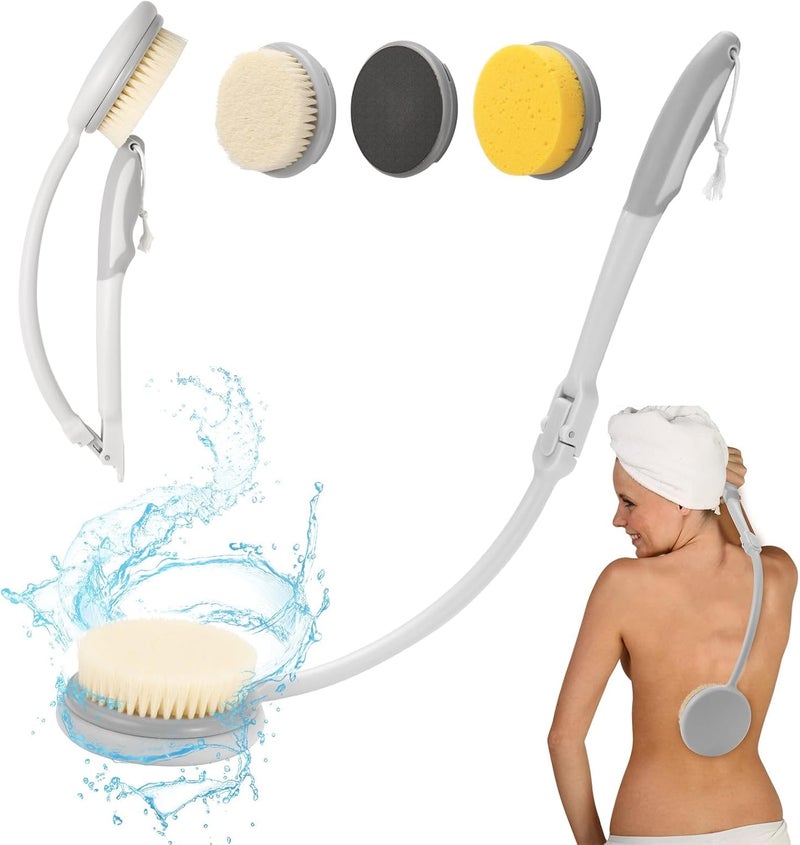 Fanwer Back Scrubber for Shower 3 in 1 Foldable Bath Brush Long Handle for Shower Sponge Scrub Brush for Body WashingFoot Scrubber with Curved Handle for Elderly DisabledMen and Women