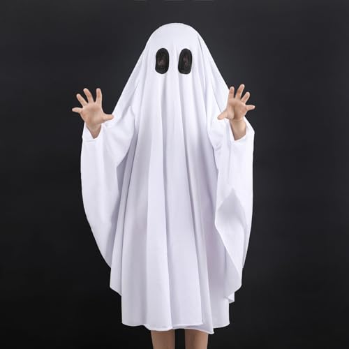 Noubeau Unisex Kid Ghost Costume Girl Halloween Fancy Dress Cosplay Boy White Boo Ghost Cloak Child Spooky Trick-or-Treating(White,5-7 Years) - Image 2