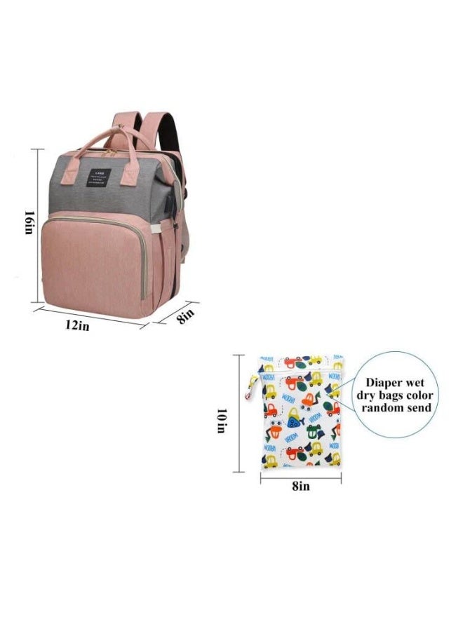 Diaper Bag Backpack with Changing Station, 7-in-1 Foldable Travel Diaper Bag, Mommy Diaper Bag Changing Station, Multifunction Waterproof with Mattress and USB Charging Port (Pink-Gray) - Image 5