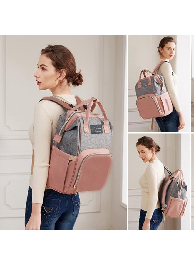 Diaper Bag Backpack with Changing Station, 7-in-1 Foldable Travel Diaper Bag, Mommy Diaper Bag Changing Station, Multifunction Waterproof with Mattress and USB Charging Port (Pink-Gray) - Image 3