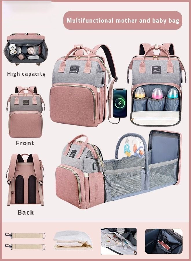 Diaper Bag Backpack with Changing Station, 7-in-1 Foldable Travel Diaper Bag, Mommy Diaper Bag Changing Station, Multifunction Waterproof with Mattress and USB Charging Port (Pink-Gray) - Image 1