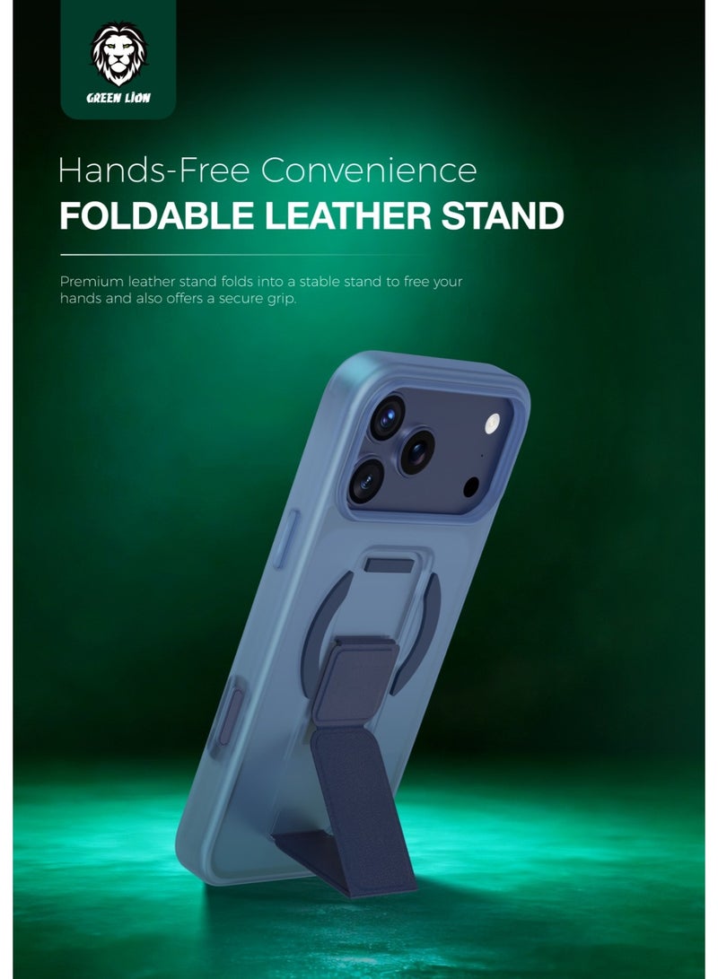 GREEN LION iPhone 17 Pro Max MagSafe Case GRIP 360 Back Cover / Leather Grip Strap / Foldable Stand / Strong Magnets / Drop Protection / Camera Protection / Scratch Resistant - Blue Titanium - Image 3