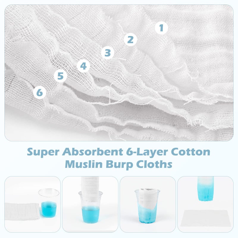 Maliton Muslin Burp Cloths for Baby 6 Pack Large 20''x10'' 100% Cotton Burp Cloths Absorbent and Soft 6 Layers Muslin Baby Stuff for Newborn Unisex(White, Pack of 6) - Image 2